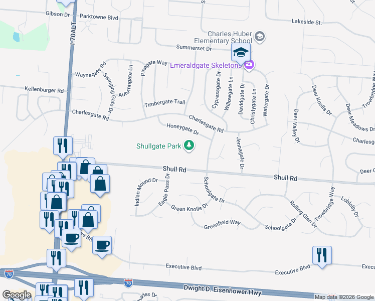 map of restaurants, bars, coffee shops, grocery stores, and more near 6143 Shull Road in Dayton