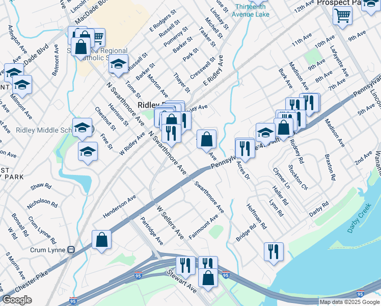 map of restaurants, bars, coffee shops, grocery stores, and more near 0 Felton Street in Ridley Park