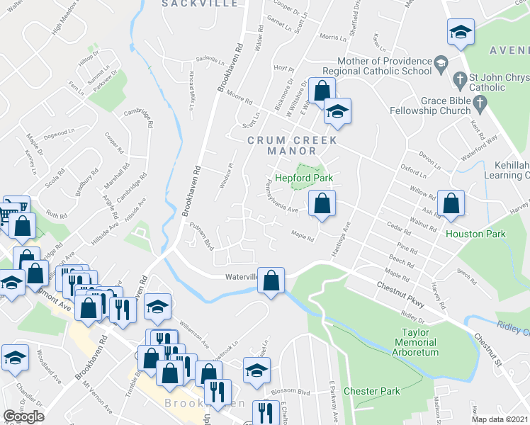map of restaurants, bars, coffee shops, grocery stores, and more near 326A Saybrook Lane in Delaware County