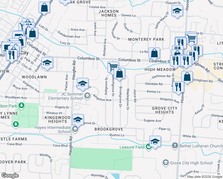 map of restaurants, bars, coffee shops, grocery stores, and more near 4197 Beechgrove Drive in Grove City