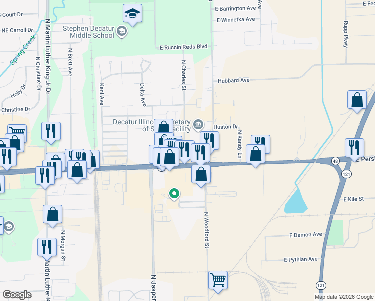 map of restaurants, bars, coffee shops, grocery stores, and more near 1420 East Pershing Road in Decatur