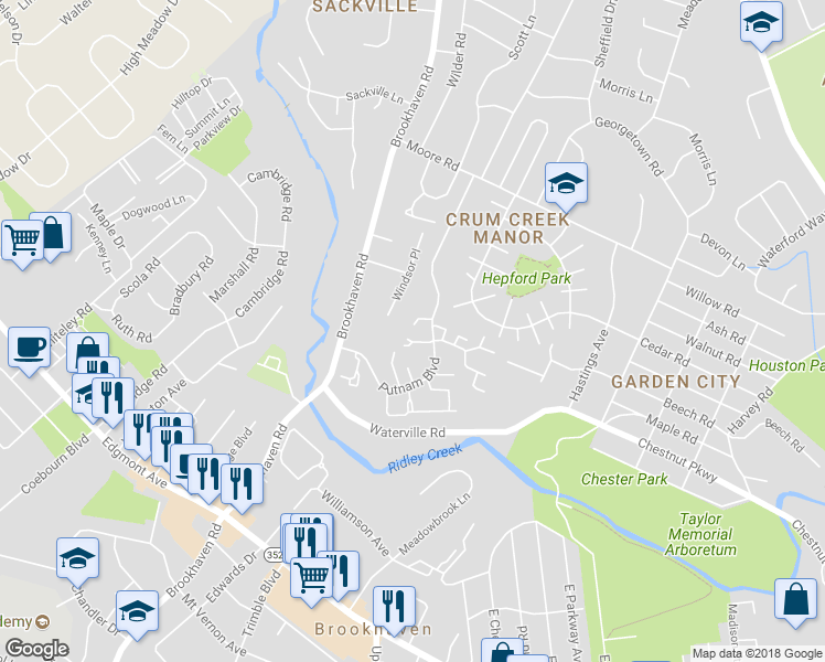 map of restaurants, bars, coffee shops, grocery stores, and more near 939 Putnam Boulevard in Nether Providence Township