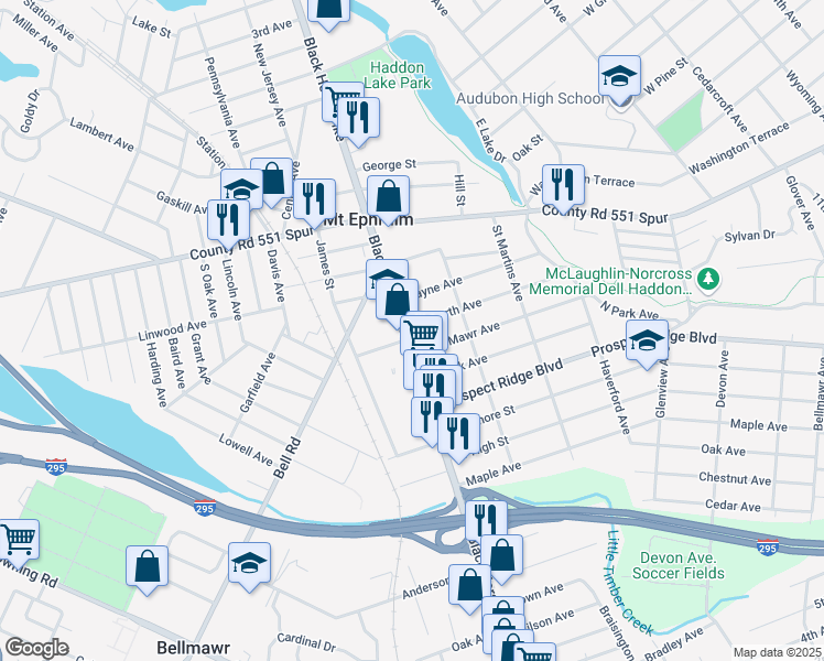 map of restaurants, bars, coffee shops, grocery stores, and more near 303 South Black Horse Pike in Haddon Heights