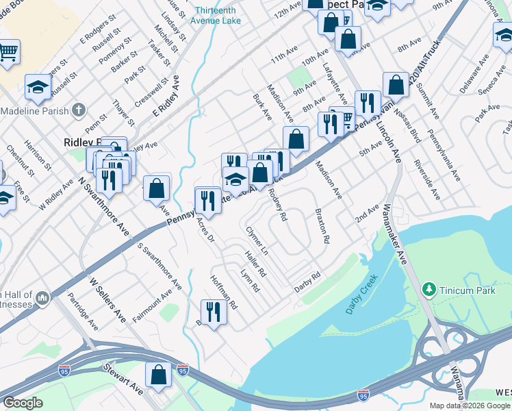 map of restaurants, bars, coffee shops, grocery stores, and more near 634 Clymer Lane in Ridley Park