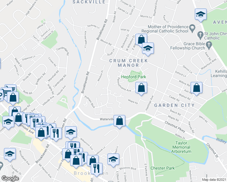 map of restaurants, bars, coffee shops, grocery stores, and more near 312B Saybrook Lane in Delaware County