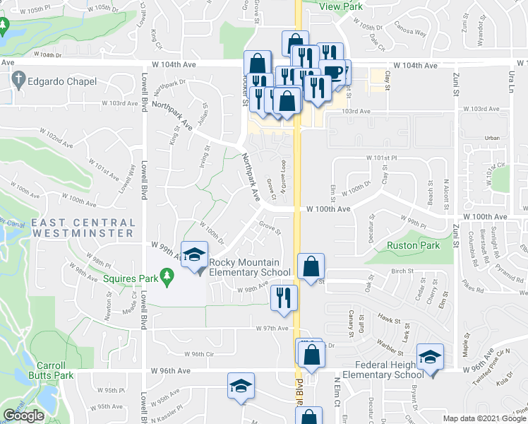 map of restaurants, bars, coffee shops, grocery stores, and more near 9971 Grove Street in Westminster