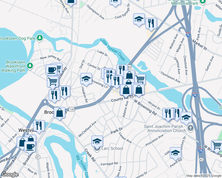 map of restaurants, bars, coffee shops, grocery stores, and more near 690 Crescent Boulevard in Brooklawn