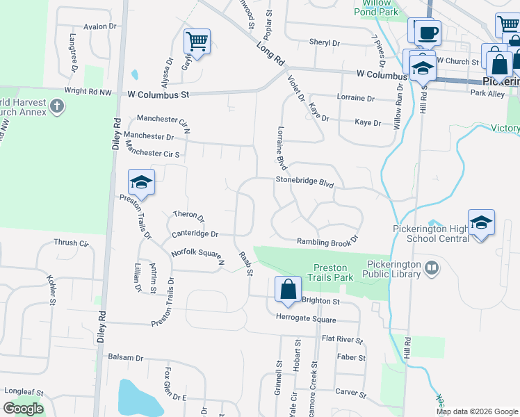 map of restaurants, bars, coffee shops, grocery stores, and more near 591 Rambling Brook Drive in Pickerington