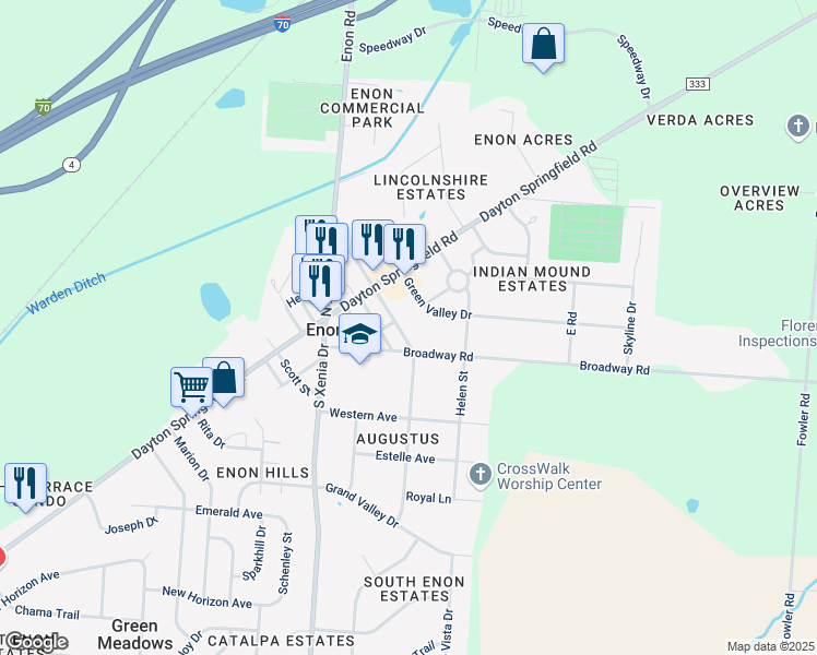 map of restaurants, bars, coffee shops, grocery stores, and more near 79 North Harrison Street in Enon