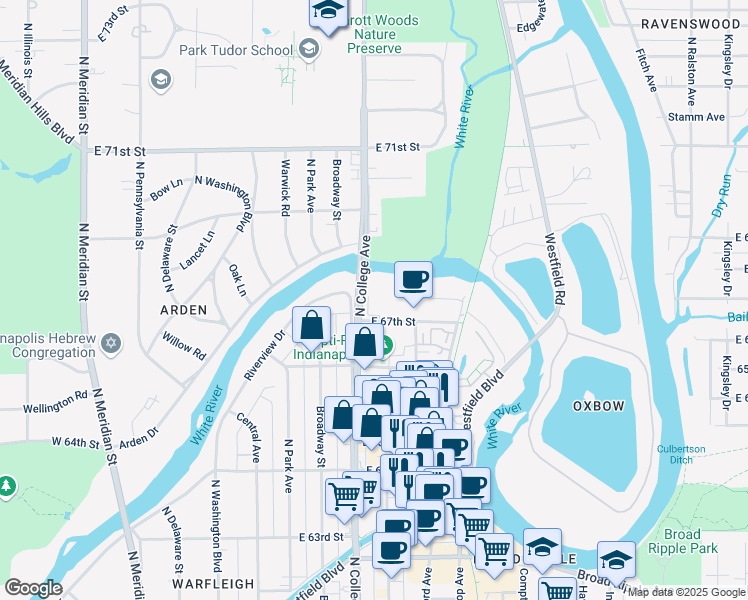 map of restaurants, bars, coffee shops, grocery stores, and more near 760 East 67th Street in Indianapolis