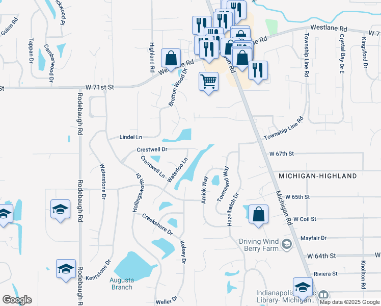 map of restaurants, bars, coffee shops, grocery stores, and more near 6703 Waterloo Lane in Indianapolis