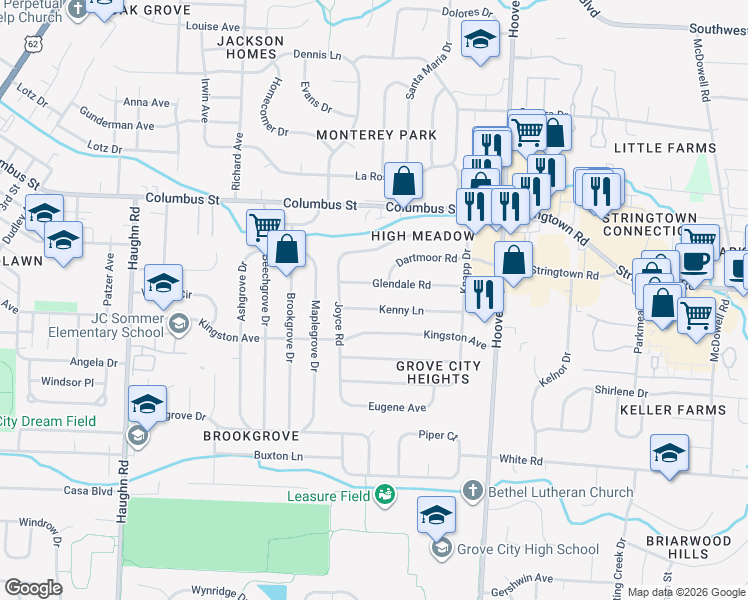 map of restaurants, bars, coffee shops, grocery stores, and more near 2674 Kingston Avenue in Grove City