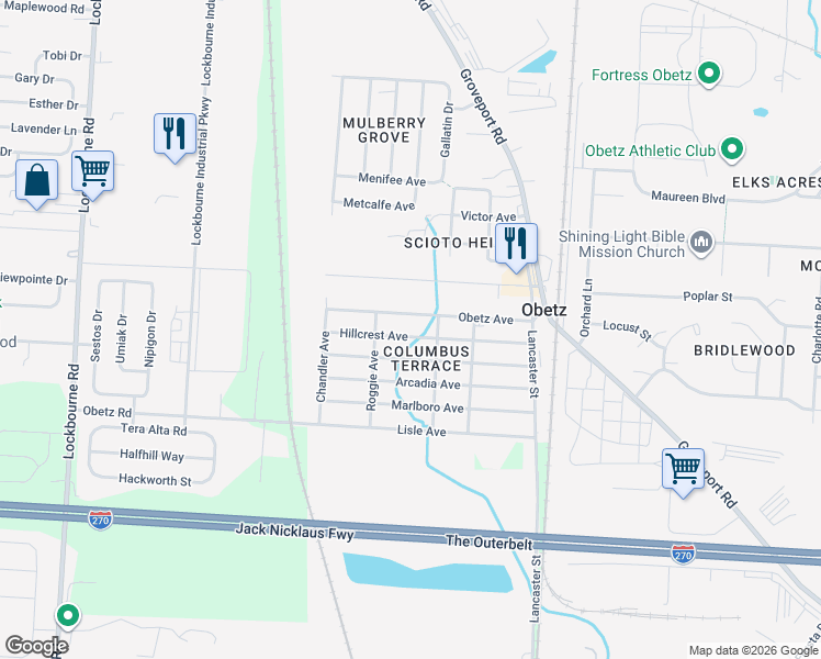 map of restaurants, bars, coffee shops, grocery stores, and more near 1690 Meriline Avenue in Obetz