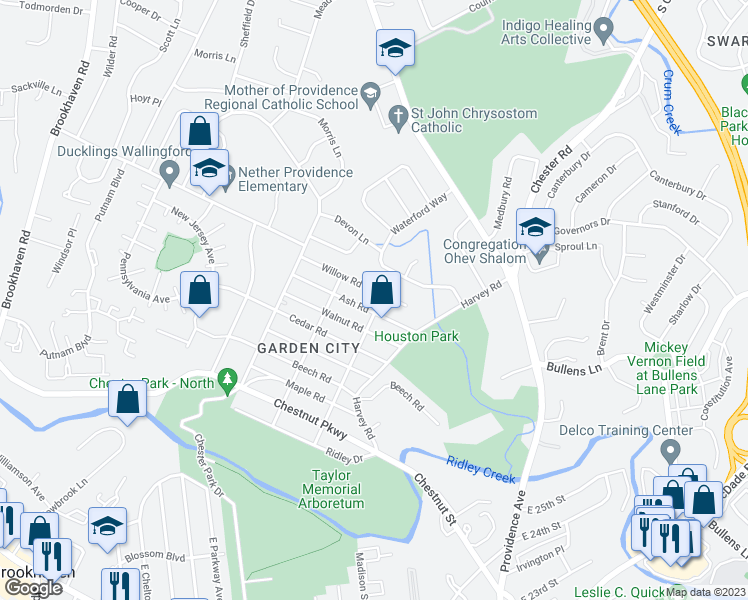 map of restaurants, bars, coffee shops, grocery stores, and more near 706 Blakeley Road in Nether Providence Township