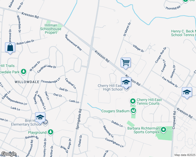 map of restaurants, bars, coffee shops, grocery stores, and more near 8 Southwood Drive in Cherry Hill