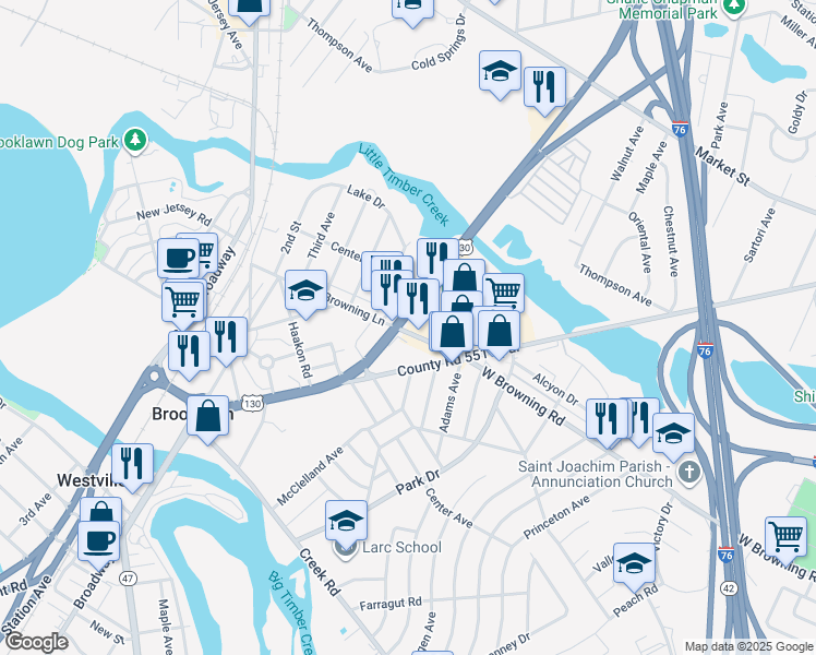 map of restaurants, bars, coffee shops, grocery stores, and more near 702 West Browning Road in Brooklawn
