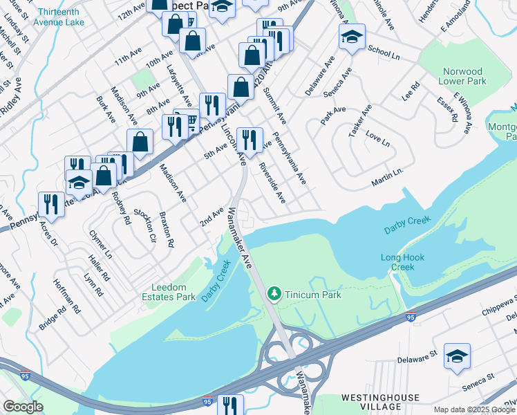 map of restaurants, bars, coffee shops, grocery stores, and more near 784 Darby Crescent Road in Prospect Park