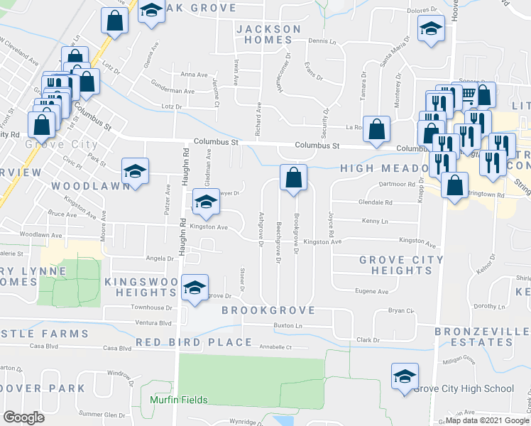 map of restaurants, bars, coffee shops, grocery stores, and more near 4192 Ashgrove Drive in Grove City