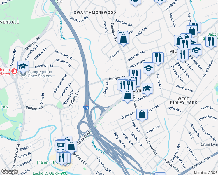 map of restaurants, bars, coffee shops, grocery stores, and more near 1354 Valley Road in Woodlyn