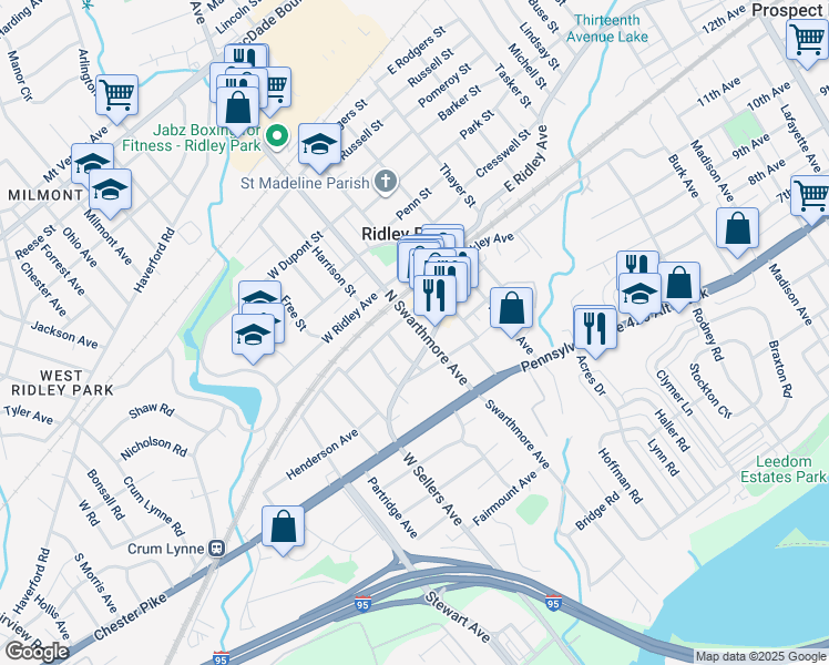 map of restaurants, bars, coffee shops, grocery stores, and more near 112 North Swarthmore Avenue in Ridley Park