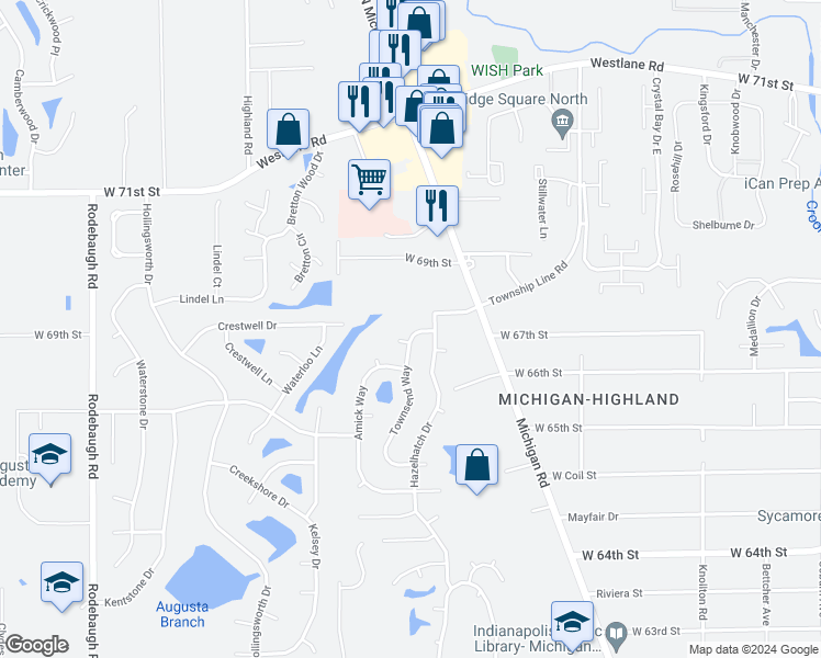 map of restaurants, bars, coffee shops, grocery stores, and more near 6724 Townsend Way in Indianapolis