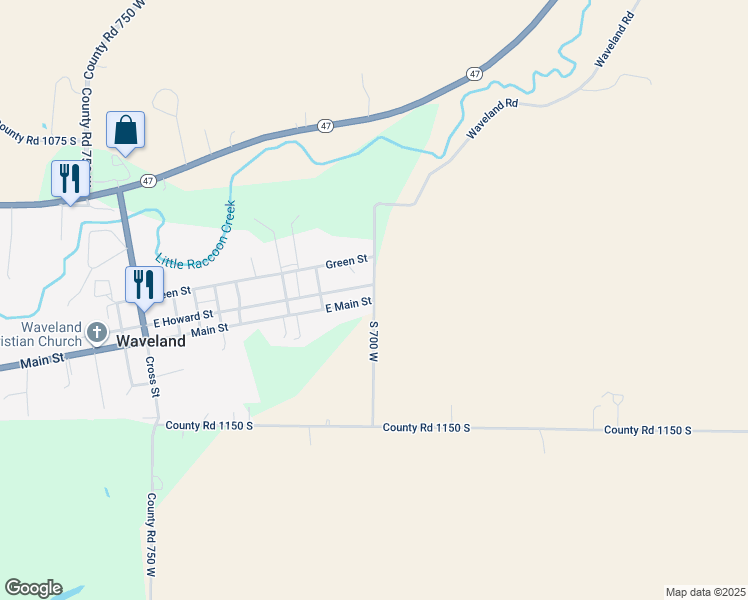 map of restaurants, bars, coffee shops, grocery stores, and more near East Main Street in Waveland