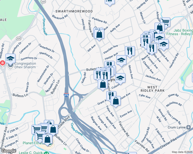 map of restaurants, bars, coffee shops, grocery stores, and more near 333 Woodlyn Circle in Woodlyn