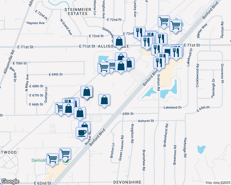 map of restaurants, bars, coffee shops, grocery stores, and more near 6620 Binford Medical Drive in Indianapolis