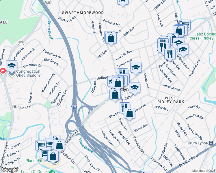 map of restaurants, bars, coffee shops, grocery stores, and more near 333 Woodlyn Circle in Woodlyn