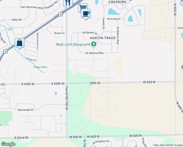 map of restaurants, bars, coffee shops, grocery stores, and more near 6785 West Odessa Way in McCordsville