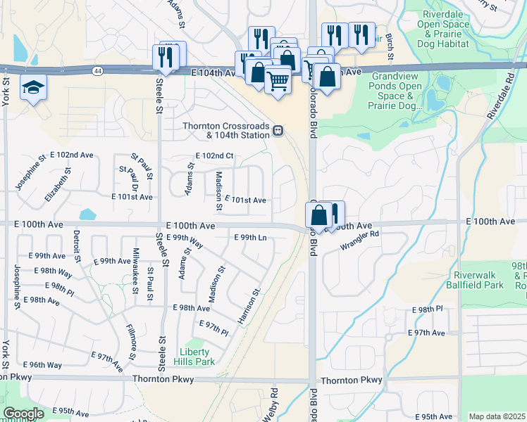 map of restaurants, bars, coffee shops, grocery stores, and more near 3761 East 100th Court in Thornton