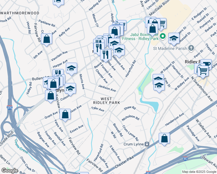 map of restaurants, bars, coffee shops, grocery stores, and more near 822 Hancock Street in Ridley Park