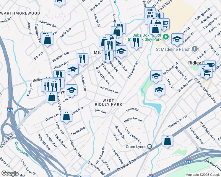 map of restaurants, bars, coffee shops, grocery stores, and more near 822 Hancock Street in Ridley Park