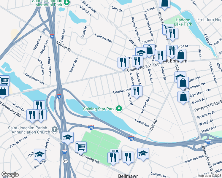 map of restaurants, bars, coffee shops, grocery stores, and more near 23 Roosevelt Avenue in Mount Ephraim
