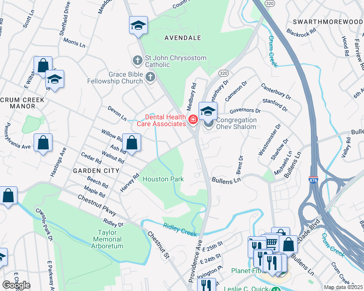 map of restaurants, bars, coffee shops, grocery stores, and more near 102 Harvey Road in Delaware County