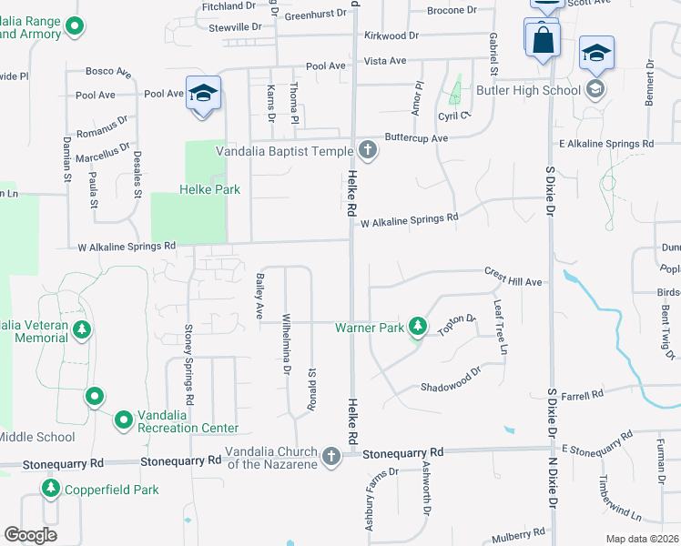 map of restaurants, bars, coffee shops, grocery stores, and more near 1005 Woodland Meadows Drive in Vandalia