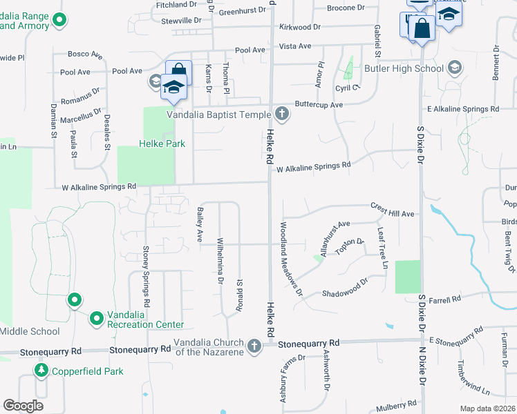 map of restaurants, bars, coffee shops, grocery stores, and more near 646 West Alkaline Springs Road in Vandalia