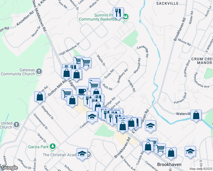 map of restaurants, bars, coffee shops, grocery stores, and more near 423 Carpenter Circle in Brookhaven