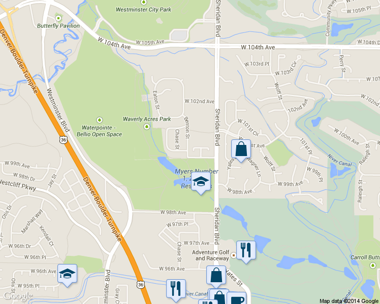 map of restaurants, bars, coffee shops, grocery stores, and more near 5354 West 100th Court in Broomfield