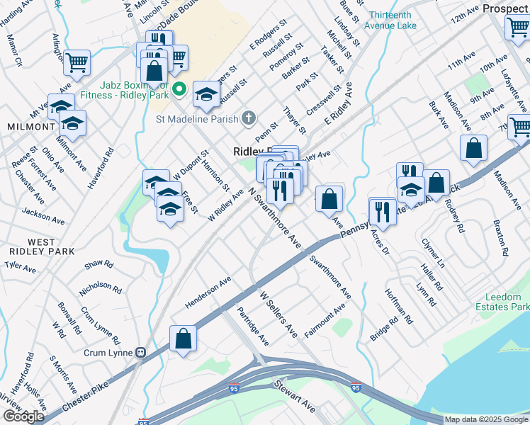 map of restaurants, bars, coffee shops, grocery stores, and more near 112 North Swarthmore Avenue in Ridley Park