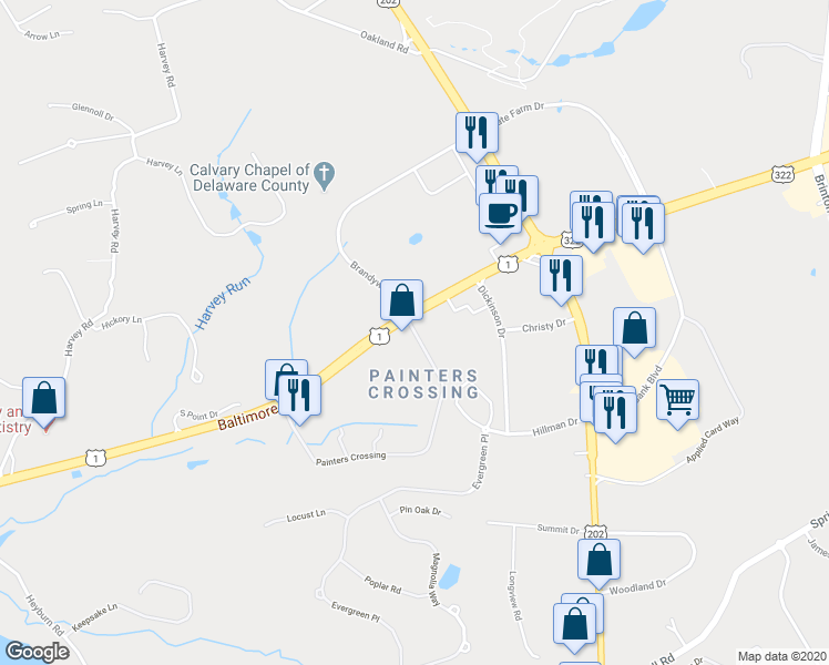 map of restaurants, bars, coffee shops, grocery stores, and more near 4 Painters Crossing in Chadds Ford