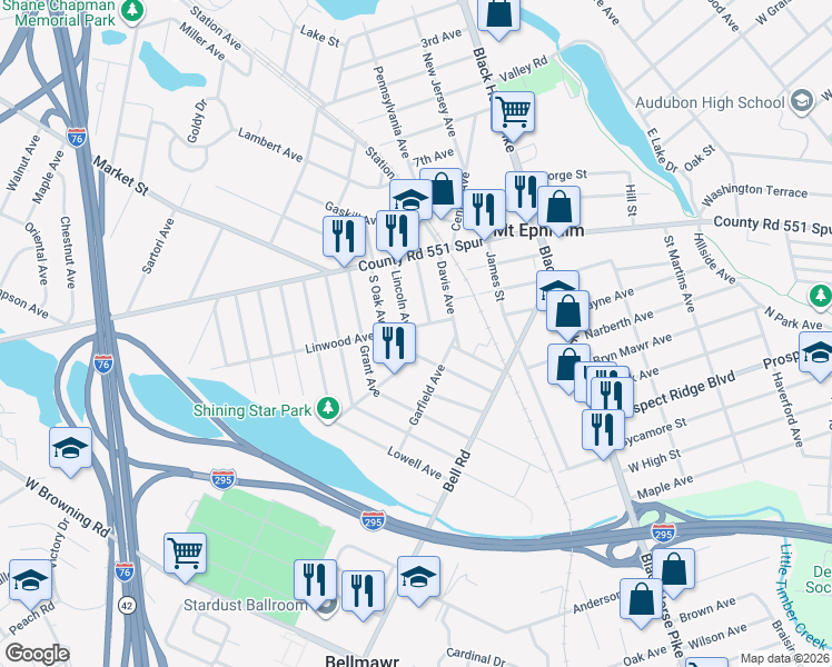 map of restaurants, bars, coffee shops, grocery stores, and more near 43 Lincoln Avenue in Mount Ephraim