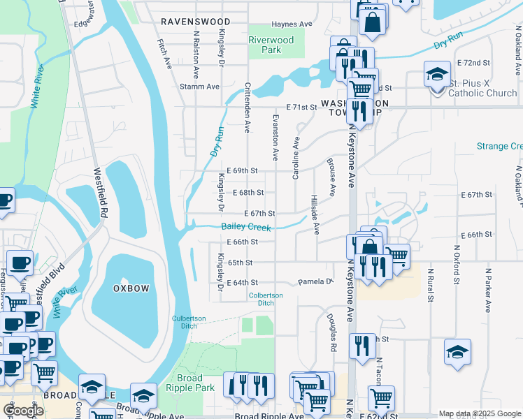 map of restaurants, bars, coffee shops, grocery stores, and more near 1901 East 68th Street in Indianapolis