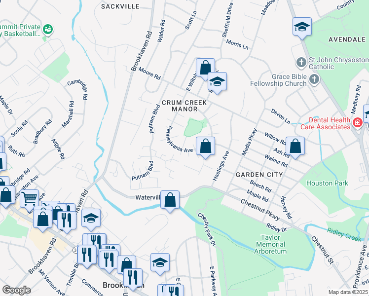map of restaurants, bars, coffee shops, grocery stores, and more near 764 Pennsylvania Avenue in Nether Providence Township