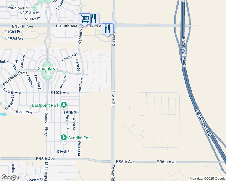 map of restaurants, bars, coffee shops, grocery stores, and more near 9880 Tower Road in Commerce City