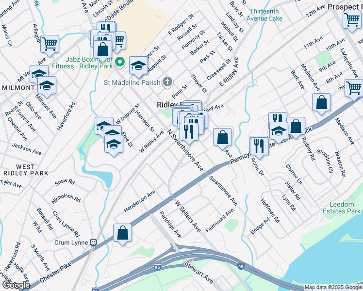 map of restaurants, bars, coffee shops, grocery stores, and more near 146 North Swarthmore Avenue in Ridley Park