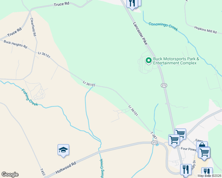 map of restaurants, bars, coffee shops, grocery stores, and more near 224 Buck Heights Road in Quarryville