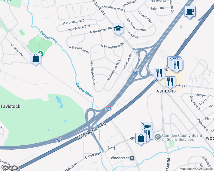 map of restaurants, bars, coffee shops, grocery stores, and more near 148 Valleybrook Road East in Cherry Hill