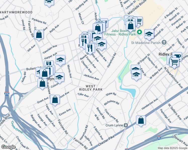 map of restaurants, bars, coffee shops, grocery stores, and more near 818 Hancock Avenue in Ridley Park