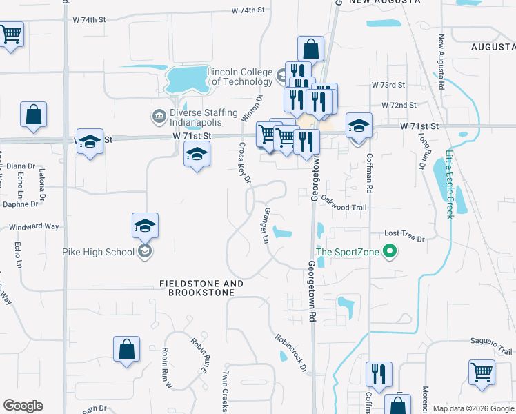 map of restaurants, bars, coffee shops, grocery stores, and more near 6836 Cross Key Drive in Indianapolis